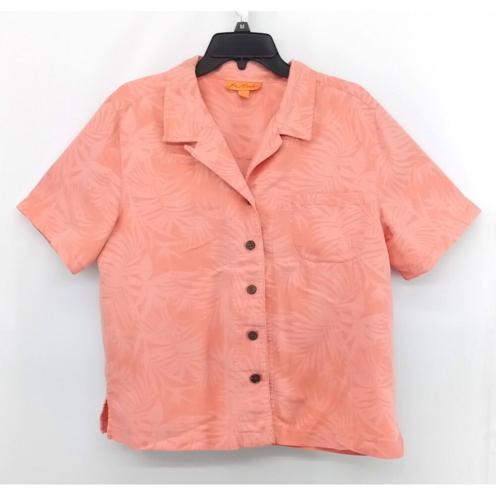 Joe Marlin Shirt Women Large Orange Tropical Print Short Sleeve Collar Button Up